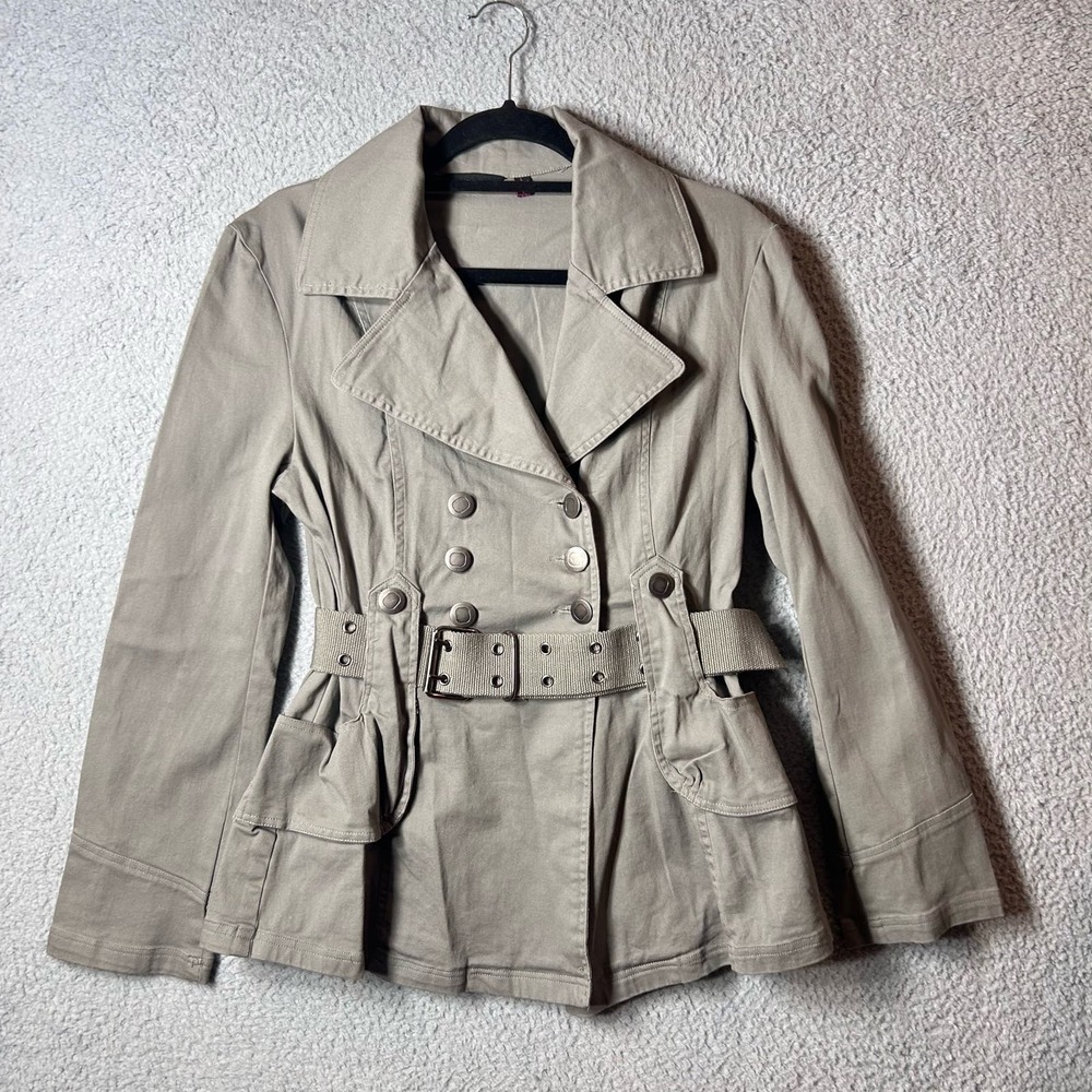 Last Kiss Jacket Womens Juniors Large Khaki Green Button Up Belted‎ Jacket NEW